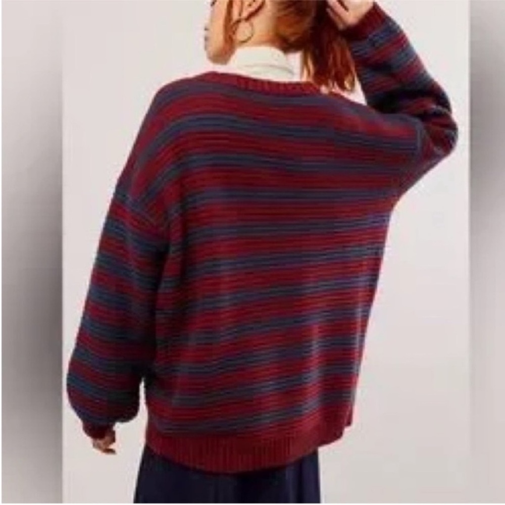 Free People Medium Sweater Links Pullover Navy Mulberry Combo Striped Crewneck - Picture 3 of 7